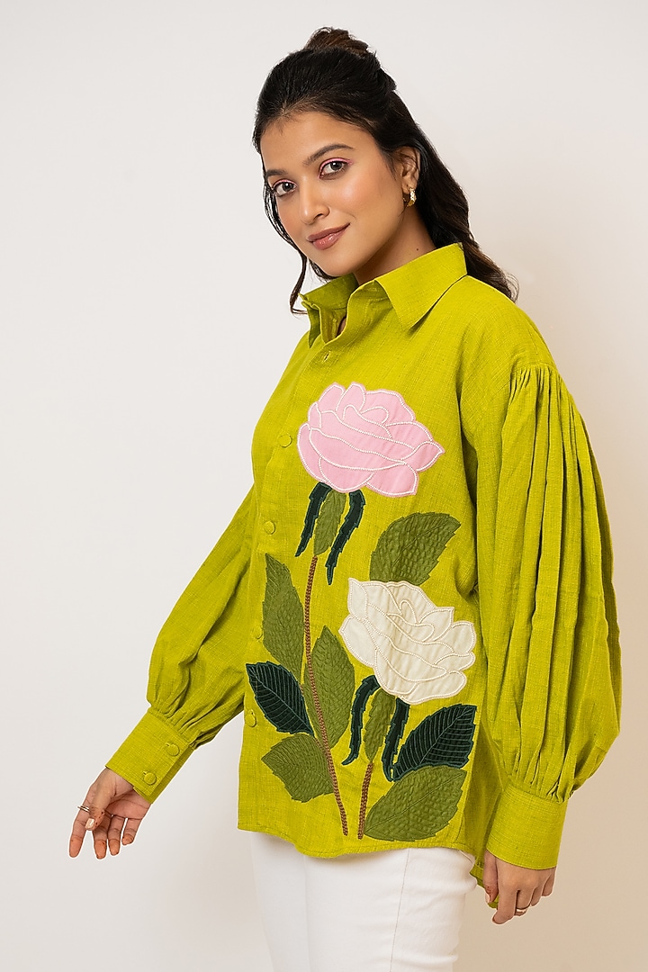 Green Handloom Cotton Applique Embroidered Shirt by Jilmil at Pernia's Pop Up Shop