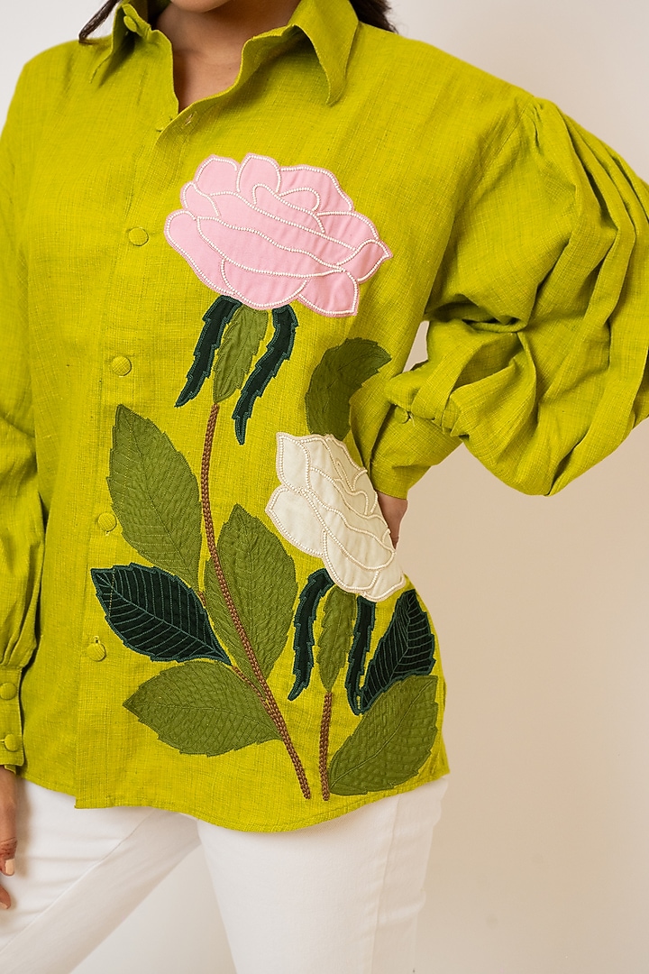 Green Handloom Cotton Applique Embroidered Shirt by Jilmil at Pernia's Pop Up Shop