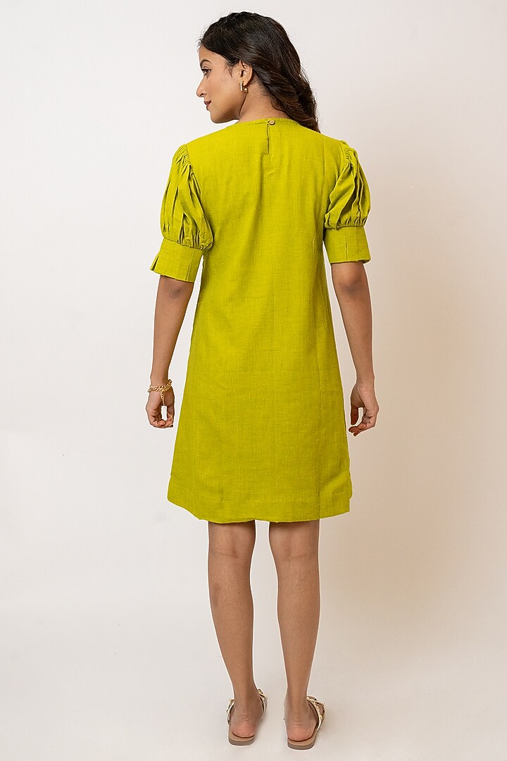 Green Handloom Cotton Hand Embroidered Mini Summer Dress by Jilmil at Pernia's Pop Up Shop