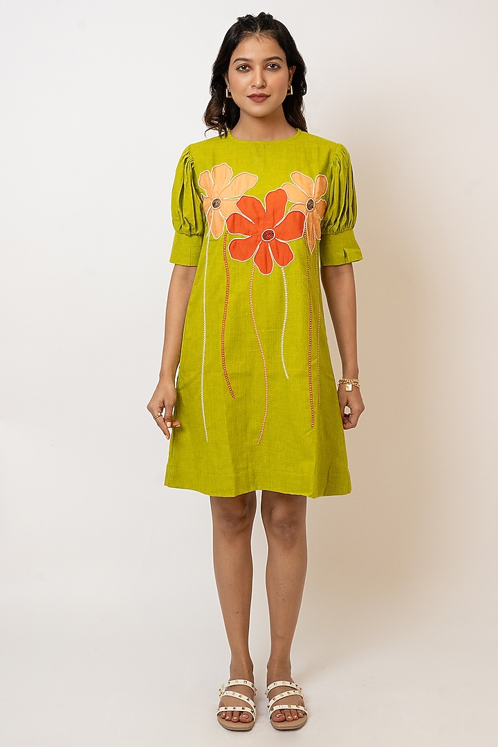 Green Handloom Cotton Hand Embroidered Mini Summer Dress by Jilmil at Pernia's Pop Up Shop