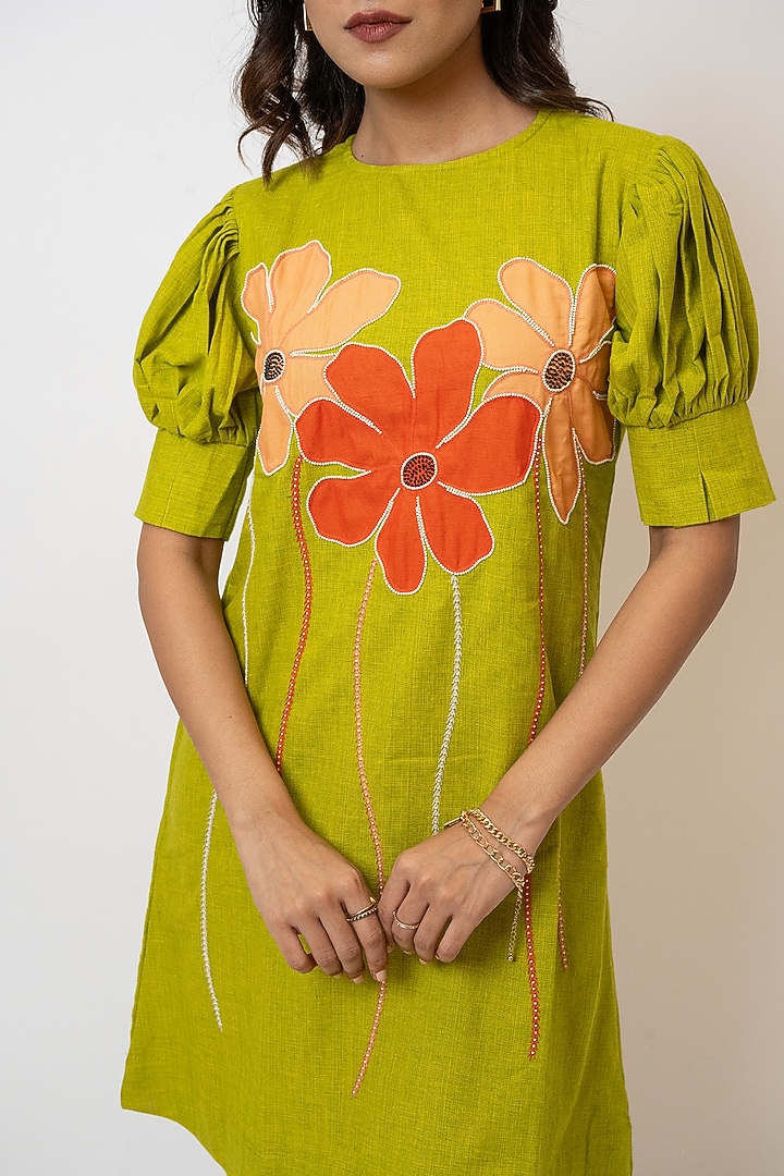 Green Handloom Cotton Hand Embroidered Mini Summer Dress by Jilmil at Pernia's Pop Up Shop