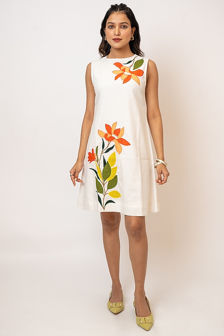 White Handloom Cotton Hand Embroidered Mini Summer Dress by Jilmil at Pernia's Pop Up Shop