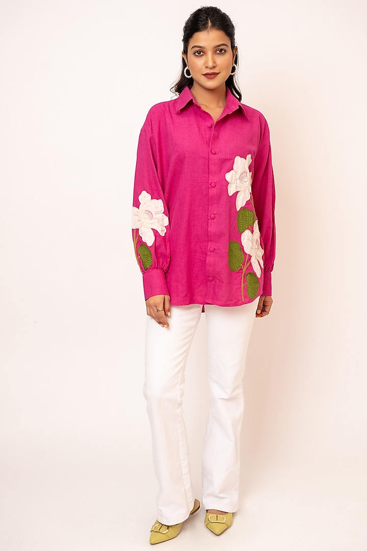 Pink Handloom Cotton Applique Shirt by Jilmil