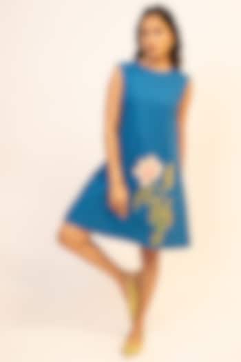 Blue Handloom Cotton Hand Embroidered Mini Dress by Jilmil
