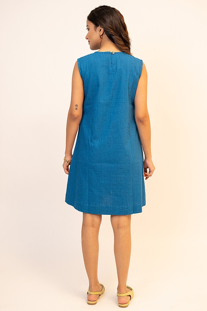 Blue Handloom Cotton Hand Embroidered Mini Summer Dress by Jilmil at Pernia's Pop Up Shop