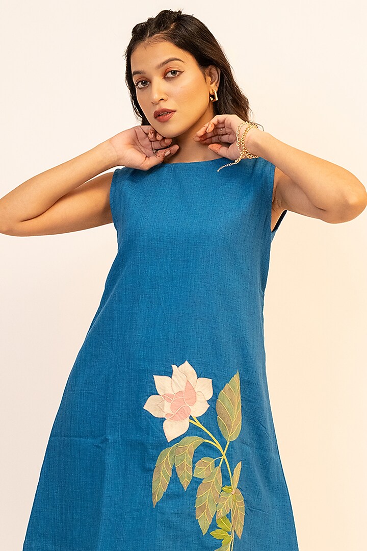 Blue Handloom Cotton Hand Embroidered Mini Summer Dress by Jilmil at Pernia's Pop Up Shop
