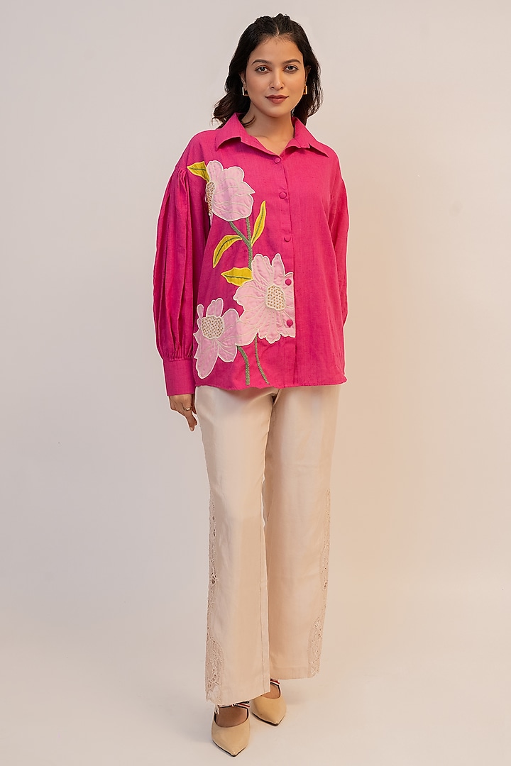 Pink Handloom Cotton Applique Shirt by Jilmil