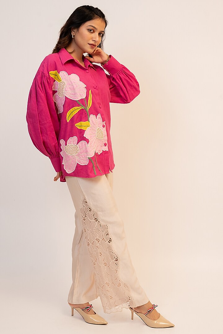Pink Handloom Cotton Applique Shirt by Jilmil at Pernia's Pop Up Shop