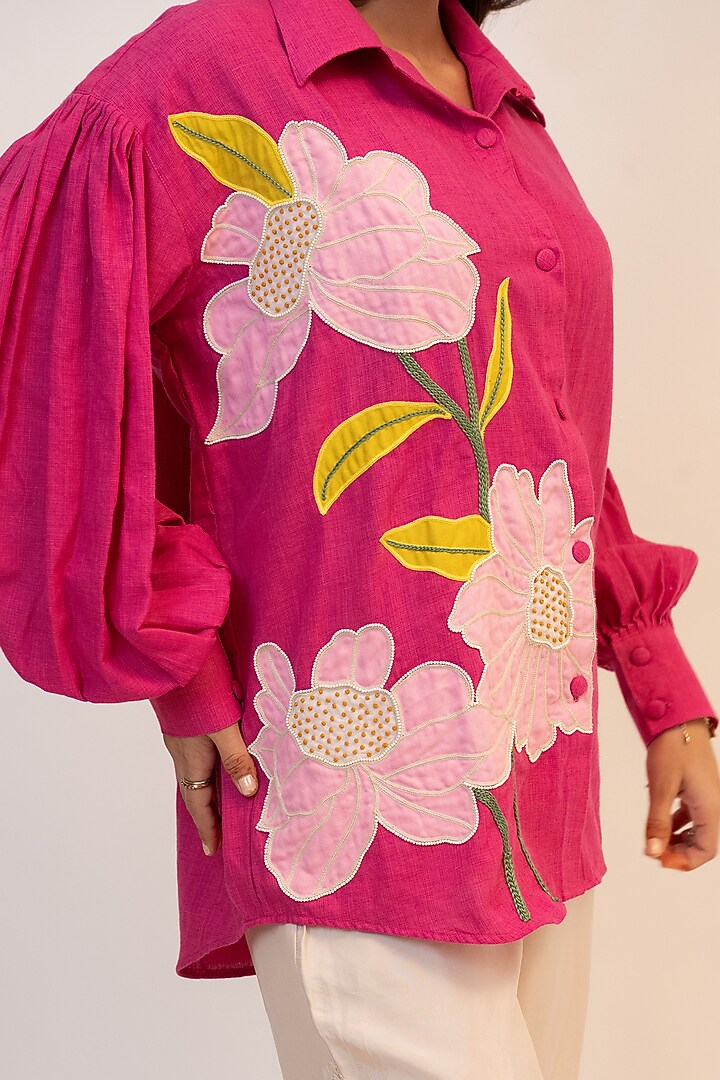 Pink Handloom Cotton Applique Shirt by Jilmil at Pernia's Pop Up Shop