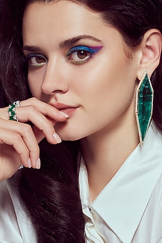 White Finish Cubic Zirconia & Green Semi-Precious Stone Dangler Earrings by JOOLRY