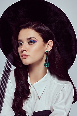 White Rhodium Finish Cubic Zirconia & Green Semi-Precious Stone Dangler Earrings by JOOLRY