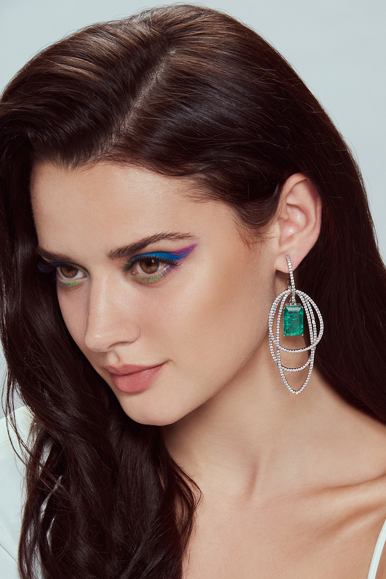 White Finish Zircon & Emerald Stone Layered Dangler Earrings by JOOLRY at Pernia's Pop Up Shop