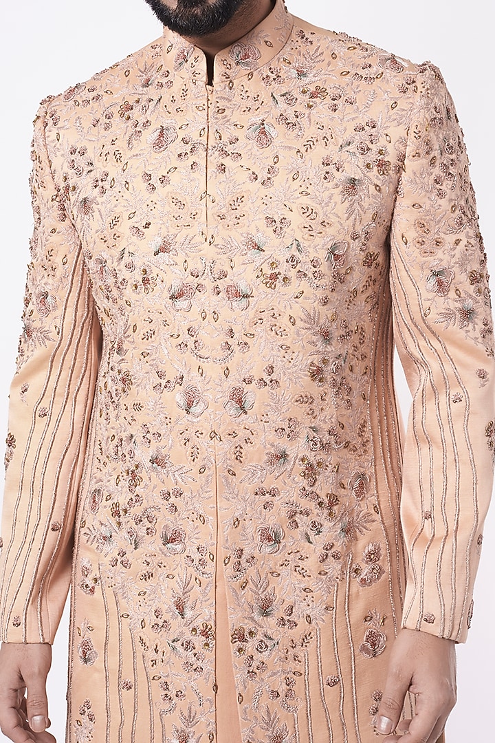 Champagne Embroidered Groom Sherwani Set by Jatin Malik at Pernia's Pop Up Shop