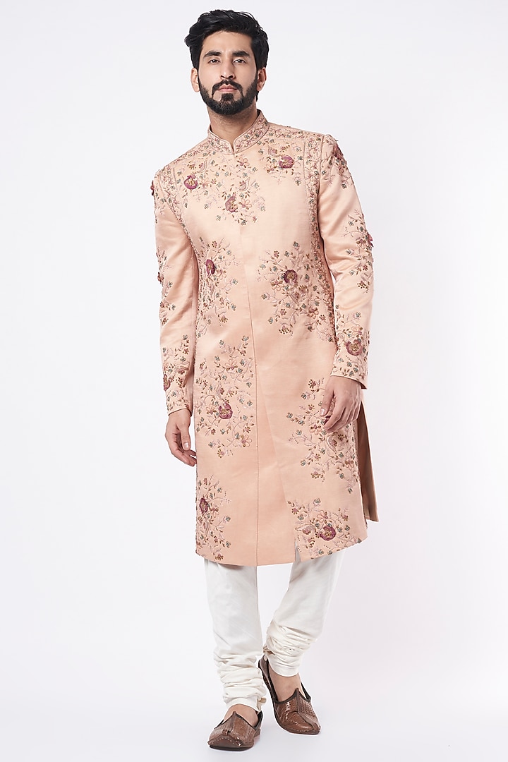 Champagne Linen Silk Hand Embroidered Groom Sherwani Set by Jatin Malik at Pernia's Pop Up Shop