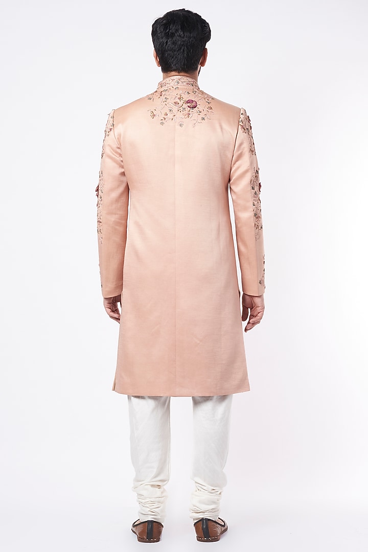 Champagne Linen Silk Hand Embroidered Groom Sherwani Set by Jatin Malik at Pernia's Pop Up Shop