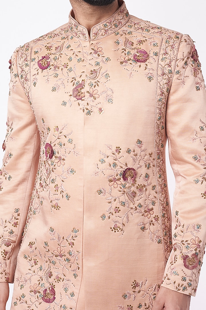 Champagne Linen Silk Hand Embroidered Groom Sherwani Set by Jatin Malik at Pernia's Pop Up Shop