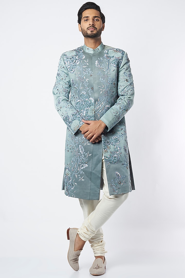Ice Blue Hand Embroidered Groom Sherwani by Jatin Malik at Pernia's Pop Up Shop