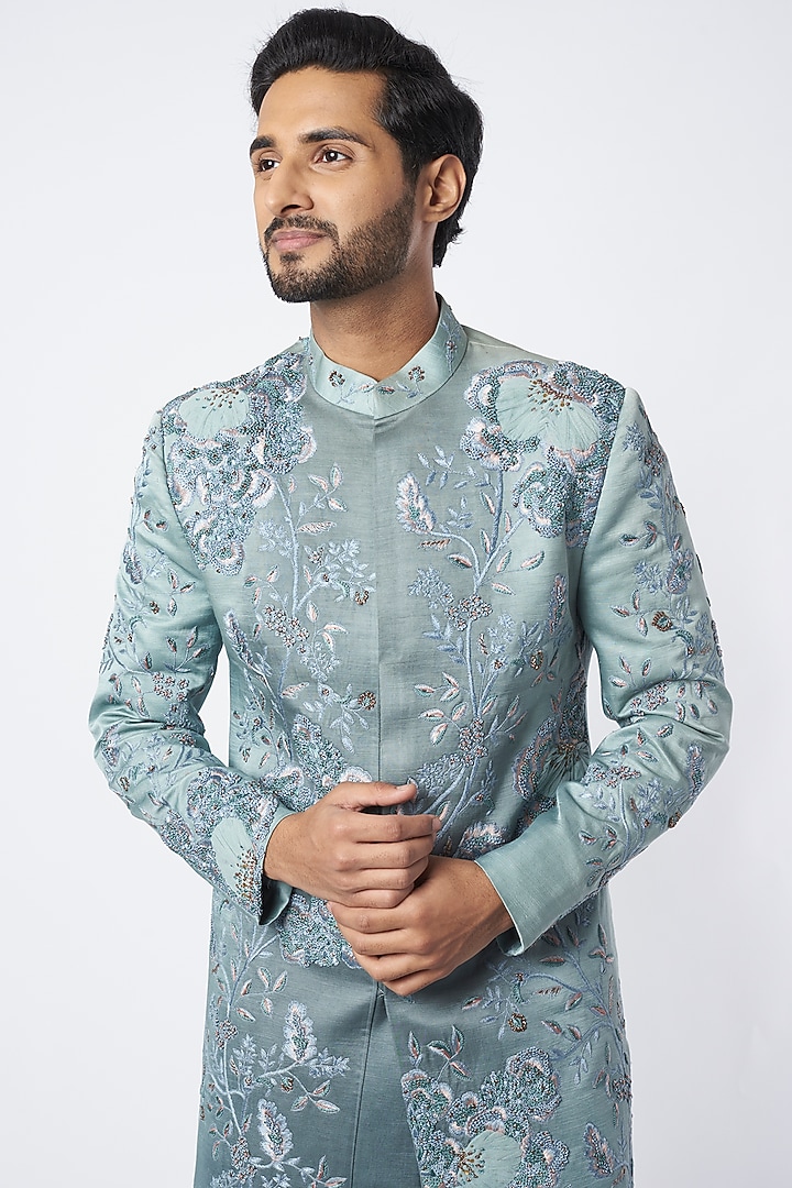 Ice Blue Hand Embroidered Groom Sherwani by Jatin Malik at Pernia's Pop Up Shop