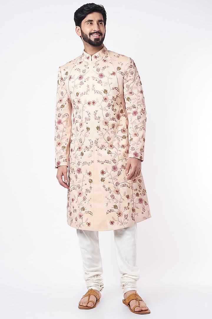 Old Rose Hand Embroidered Groom Sherwani by Jatin Malik at Pernia's Pop Up Shop