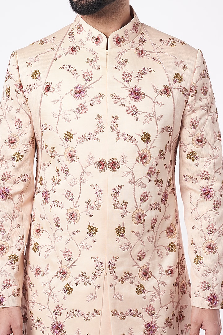 Old Rose Hand Embroidered Groom Sherwani by Jatin Malik at Pernia's Pop Up Shop