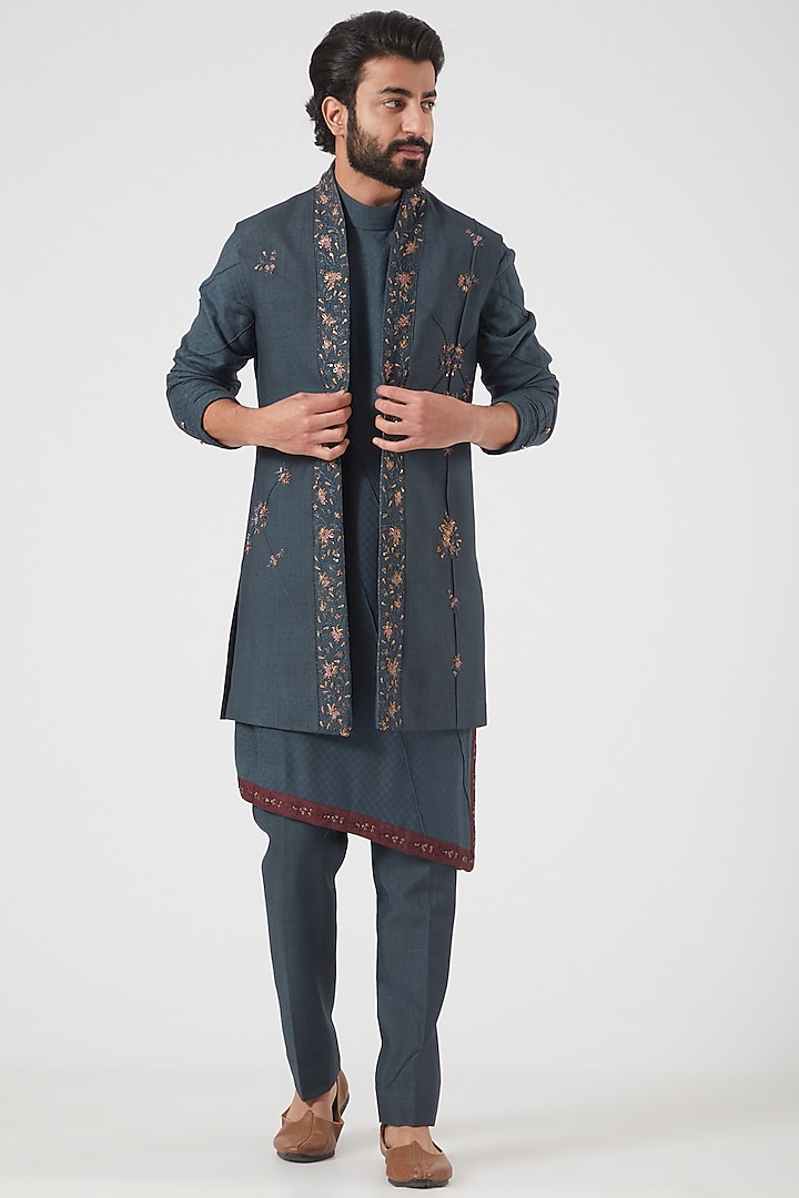Teal Blue Slub Silk Kurta Set With Shrug by Jatin Malik at Pernia's Pop Up Shop
