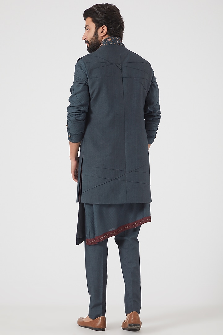 Teal Blue Slub Silk Kurta Set With Shrug by Jatin Malik at Pernia's Pop Up Shop