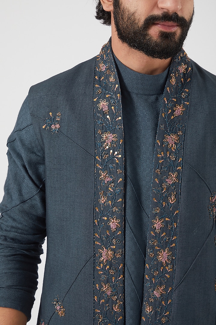 Teal Blue Slub Silk Kurta Set With Shrug by Jatin Malik at Pernia's Pop Up Shop