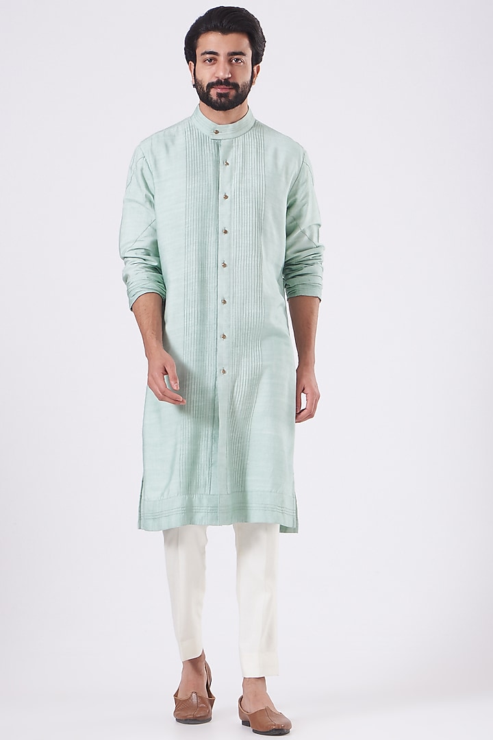 Duck Egg Blue Slub Silk Kurta Set by Jatin Malik at Pernia's Pop Up Shop