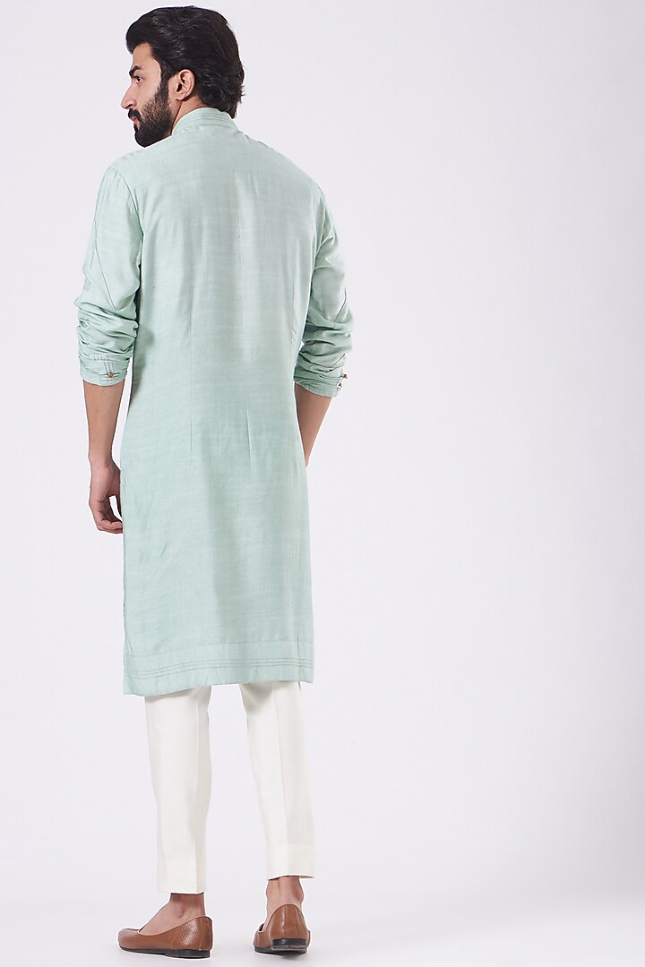 Duck Egg Blue Slub Silk Kurta Set by Jatin Malik at Pernia's Pop Up Shop
