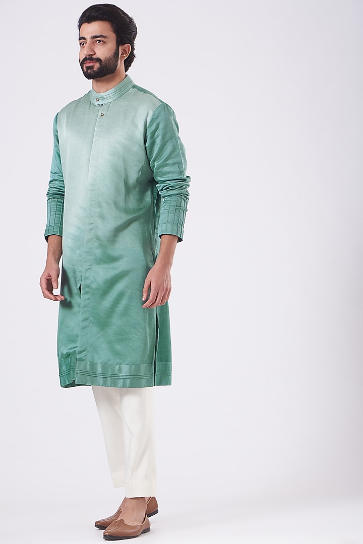 Green Linen Silk Ombre Kurta Set by Jatin Malik at Pernia's Pop Up Shop