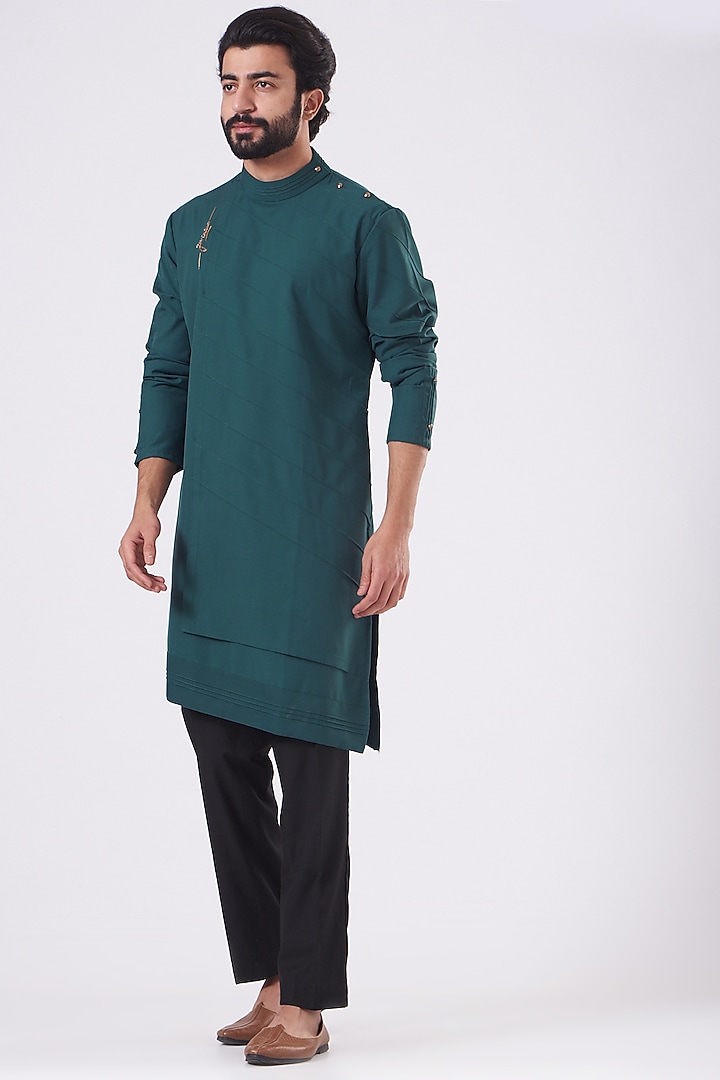 Teal Green Terry Rayon Hand Embroidered Kurta Set by Jatin Malik at Pernia's Pop Up Shop