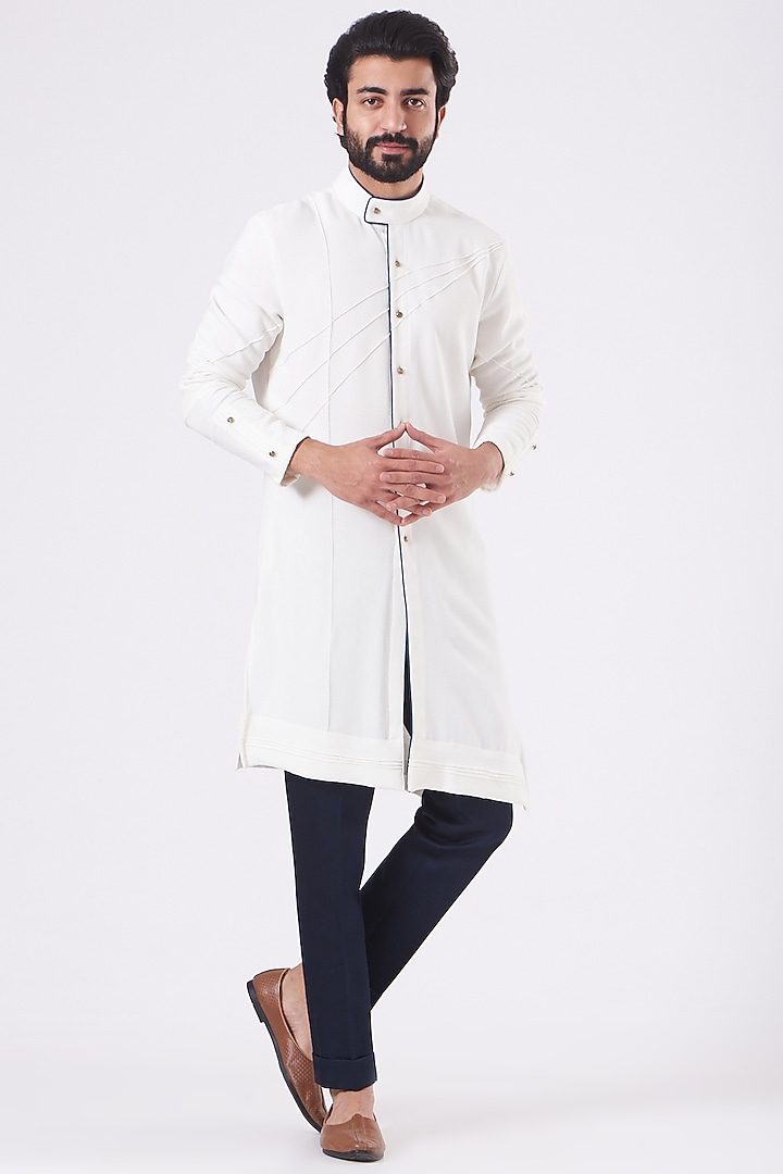 Ivory Crepe Pintucked Kurta Set by Jatin Malik at Pernia's Pop Up Shop