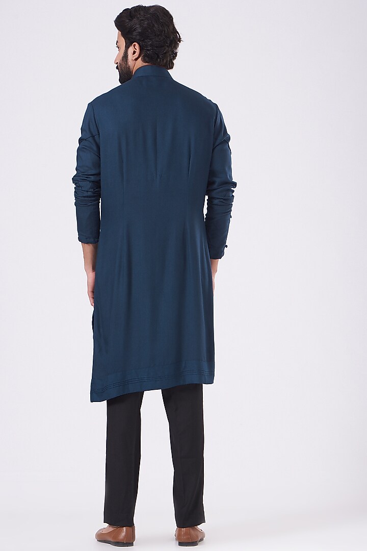 Blue Twill Pintucked Kurta Set by Jatin Malik at Pernia's Pop Up Shop