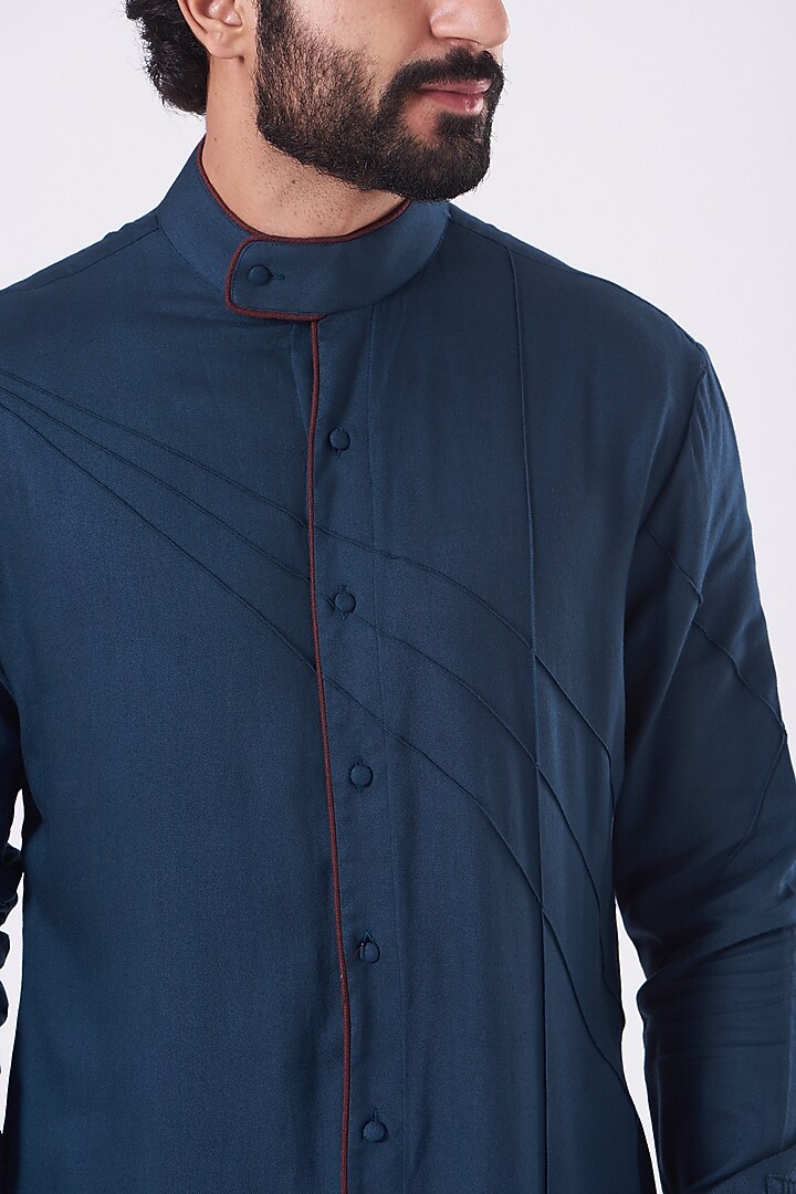Blue Twill Pintucked Kurta Set by Jatin Malik at Pernia's Pop Up Shop