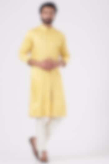 Yellow Linen Silk Pintucked Kurta Set by Jatin Malik