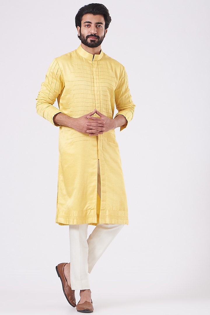 Yellow Linen Silk Pintucked Kurta Set by Jatin Malik