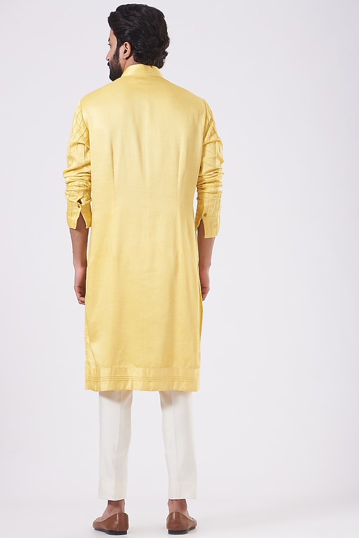 Yellow Linen Silk Pintuck Kurta Set by Jatin Malik at Pernia's Pop Up Shop