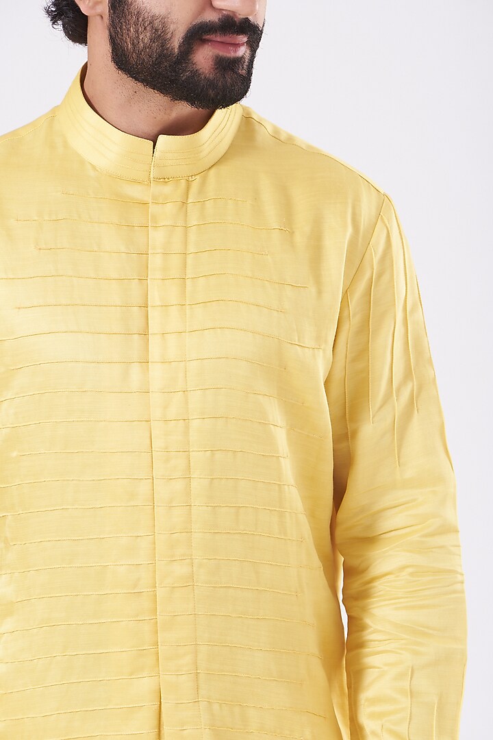 Yellow Linen Silk Pintuck Kurta Set by Jatin Malik at Pernia's Pop Up Shop