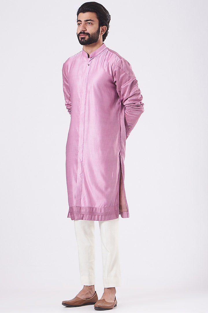 Pink Linen Silk Pintucked Kurta Set by Jatin Malik