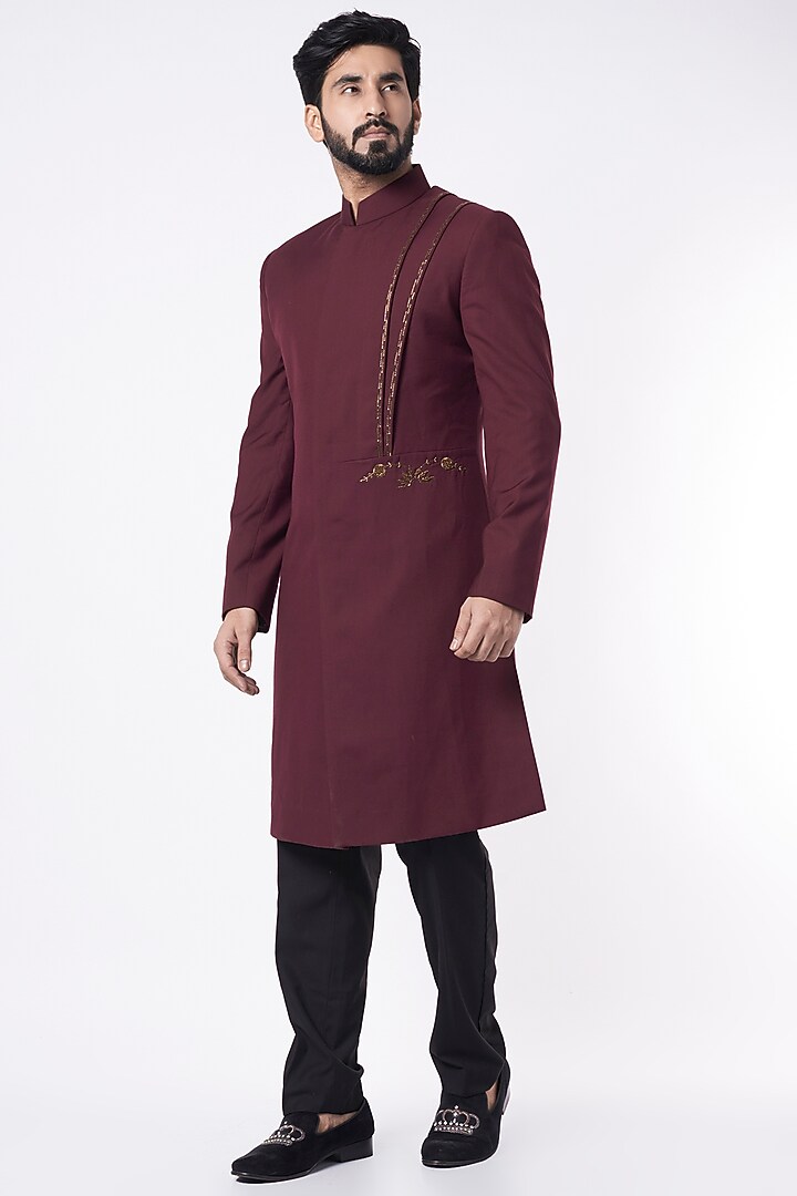 Wine Embroidered Achkan Jacket Set by Jatin Malik at Pernia's Pop Up Shop