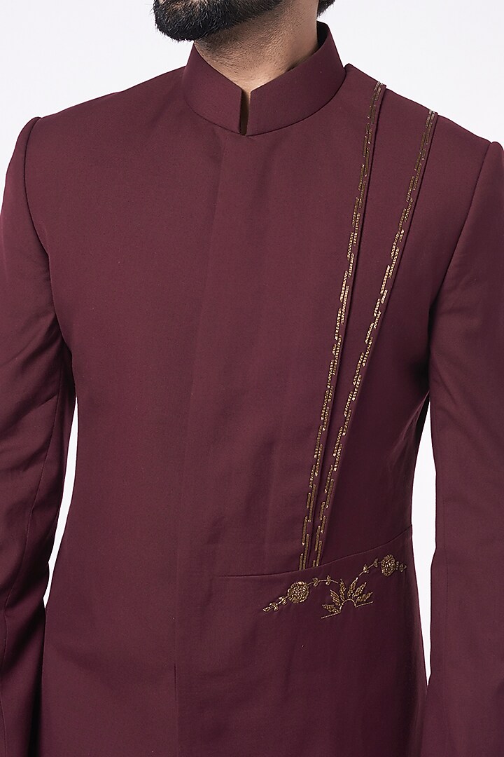 Wine Embroidered Achkan Jacket Set by Jatin Malik at Pernia's Pop Up Shop