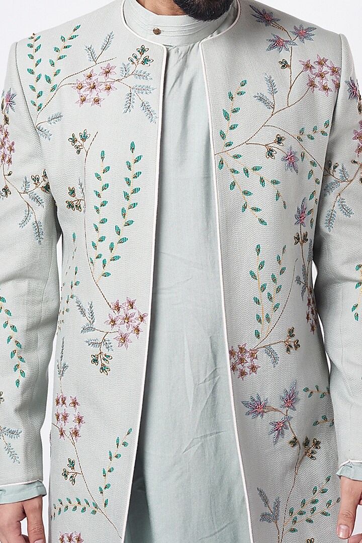 Ice Blue Hand Textured Bandhgala Jacket Set by Jatin Malik at Pernia's Pop Up Shop