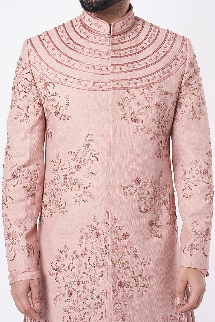Old Rose Hand Embroidered Groom Sherwani Set by Jatin Malik at Pernia's Pop Up Shop