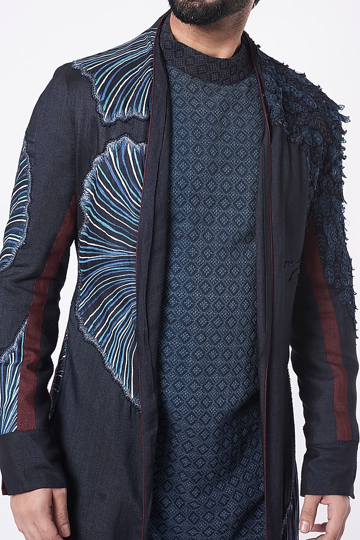 Teal Blue Hand Painted Jacket With Kurta by Jatin Malik at Pernia's Pop Up Shop