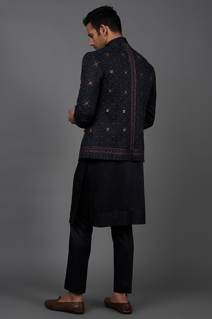 Midnight Blue Linen Silk Embroidered Groom Indowestern Set by Jatin Malik at Pernia's Pop Up Shop