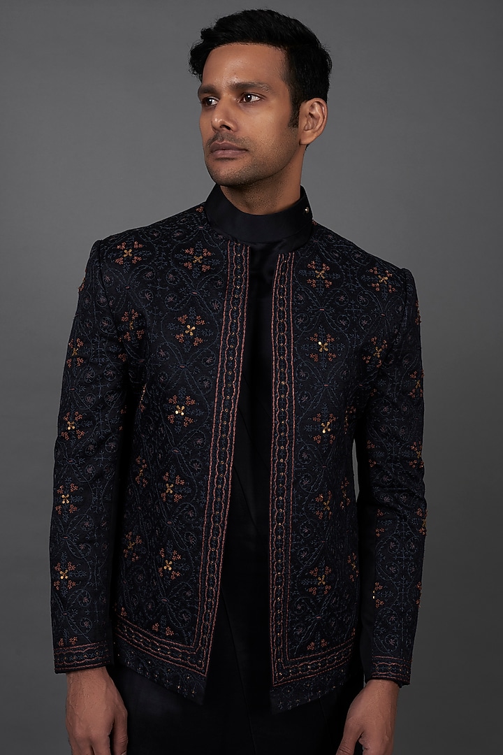 Midnight Blue Linen Silk Embroidered Groom Indowestern Set by Jatin Malik at Pernia's Pop Up Shop