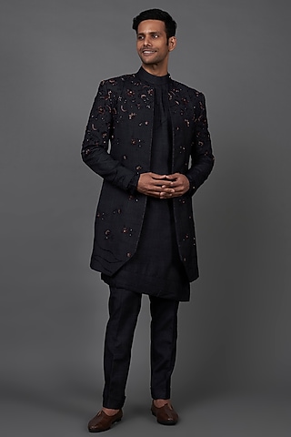 Midnight Blue Silk Embroidered Indowestern Set by Jatin Malik