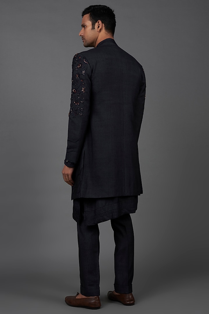 Midnight Blue Silk Embroidered Groom Indowestern Set by Jatin Malik at Pernia's Pop Up Shop