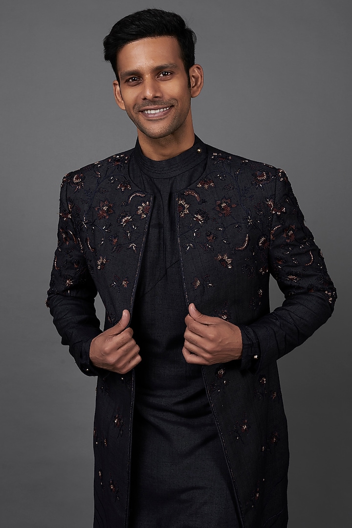 Midnight Blue Silk Embroidered Groom Indowestern Set by Jatin Malik at Pernia's Pop Up Shop