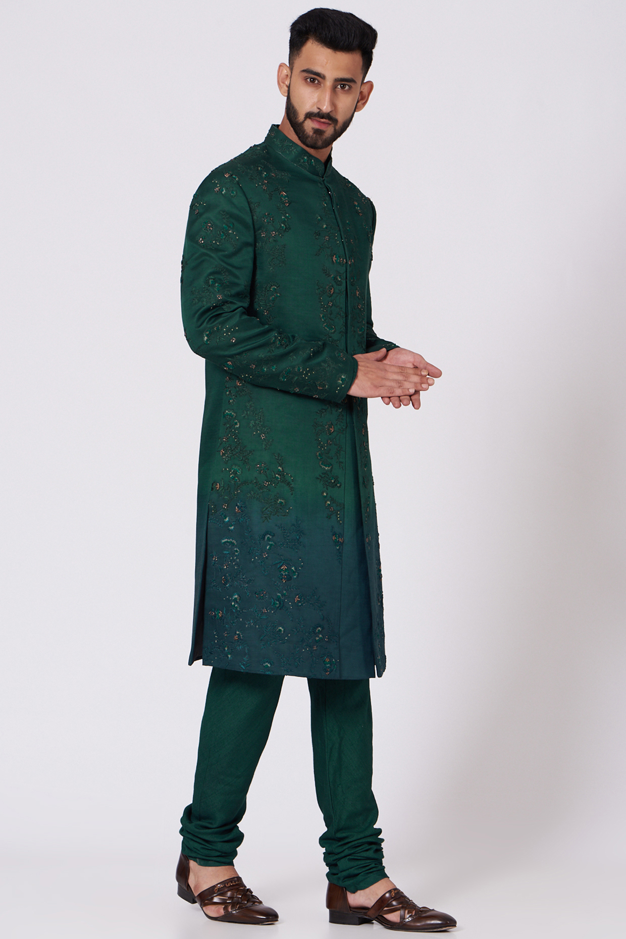 Forest Green Slub Silk Embroidered Sherwani by Jatin Malik